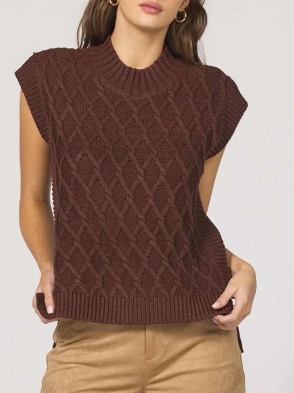 DEAR JOHN Chocolate Brown Cable Knit Short-Sleeve Sweater Oversized Large - Picture 10 of 13